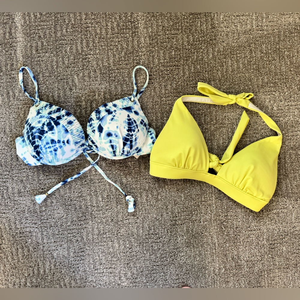 Victoria's Secret Bundle Padded bikini tops Blue and White Tie-Dye Bright yellow